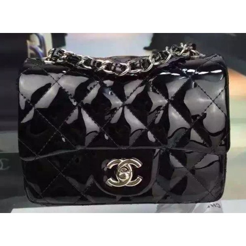 Чанта Chanel Classic mini с капак, черна, оригинална, лакирана кожа CF7171, сребриста