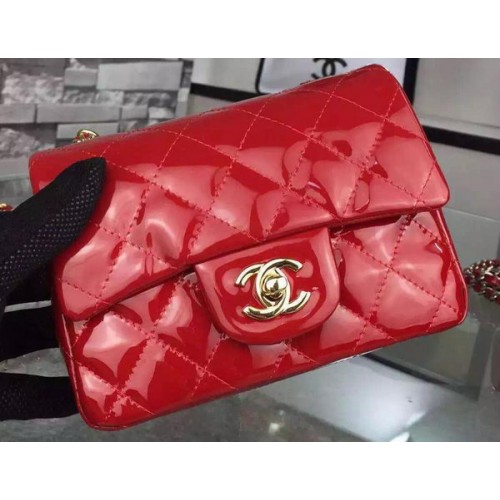 Чанта Chanel Classic mini с капак, червена, оригинална, лакирана кожа CF7171, златна