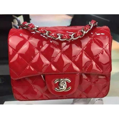 Чанта Chanel Classic mini с капак, червена, оригинална, лакирана кожа CF7171, сребриста