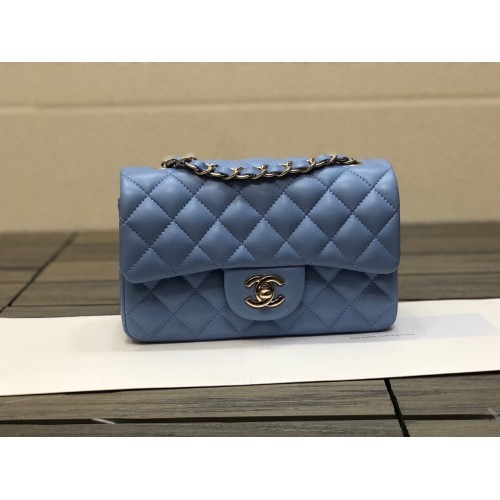 Чанта Chanel Classic mini Flap Original от овча кожа 1116 Синя