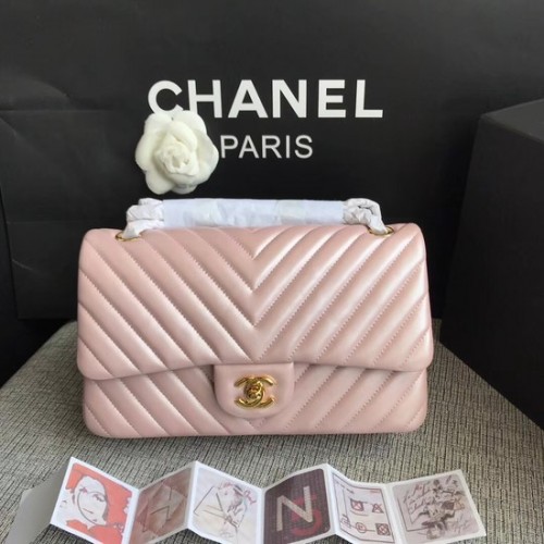 Chanel Classic оригинална чанта през рамо от овча кожа 1112V с верижка от розово злато