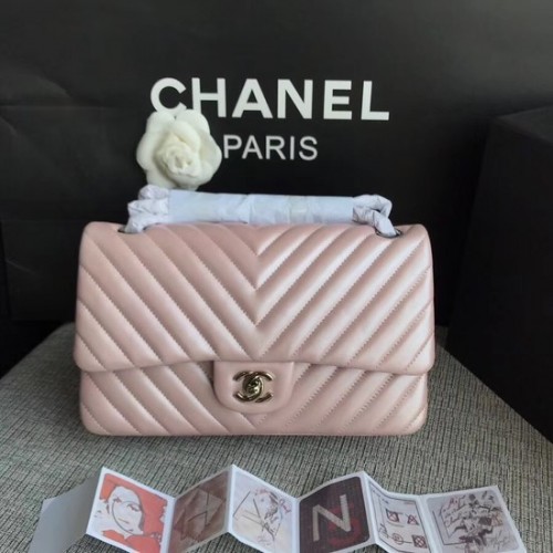 Chanel Classic оригинална чанта през рамо от овча кожа 1112V розова сребърна верижка