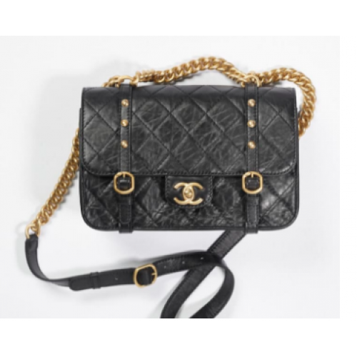 Чанта Chanel FLAP от телешка кожа, златист метал AS2696, черна