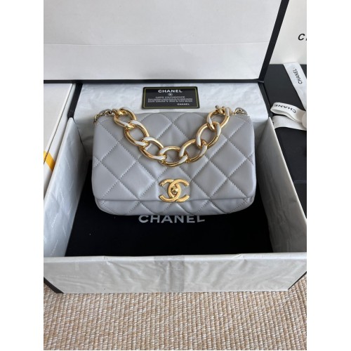 Чанта Chanel FLAP от агнешка кожа, златист метал AS3366, сива