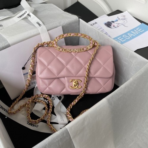 Чанта Chanel FLAP от агнешка кожа, златист метал AS3451, розова