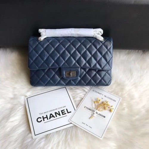Chanel Flap Original Cowhide Leather 30225 син сребърен венец