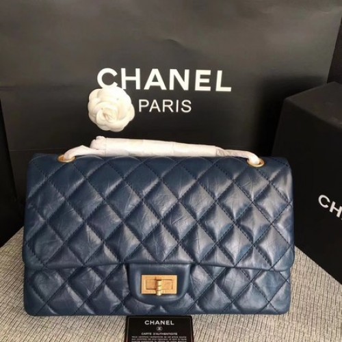 Чанта през рамо Chanel Flap, синя, оригинална, телешка кожа, 277 златни