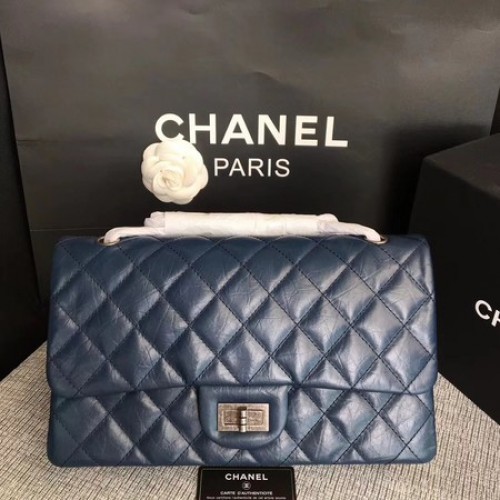 Чанта през рамо Chanel Flap, синя, оригинална, телешка кожа, 277, сребриста