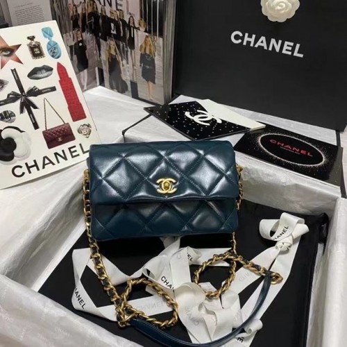 Чанта през рамо Chanel с капак, оригинална кожа AS9957, синя