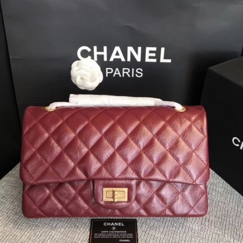 Чанта през рамо Chanel Flap, оригинална, телешка кожа, цвят вино, 277 златисто