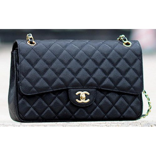 Чанта Chanel Jumbo Classic с капак и черна шарка Cannage A58600 Gold