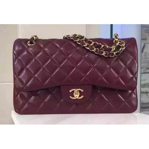 Чанта Chanel Jumbo Classic Flap, бордо, от овча кожа, A1113, златиста