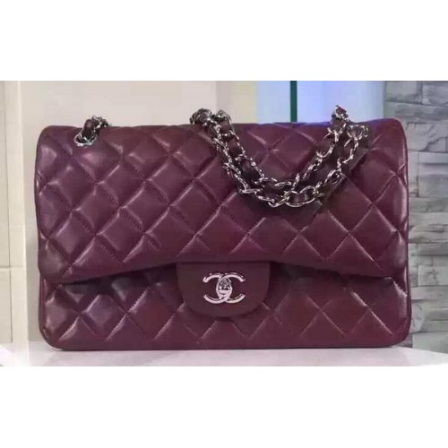 Чанта Chanel Jumbo Classic Flap, бордо, от овча кожа, A1113, сребриста