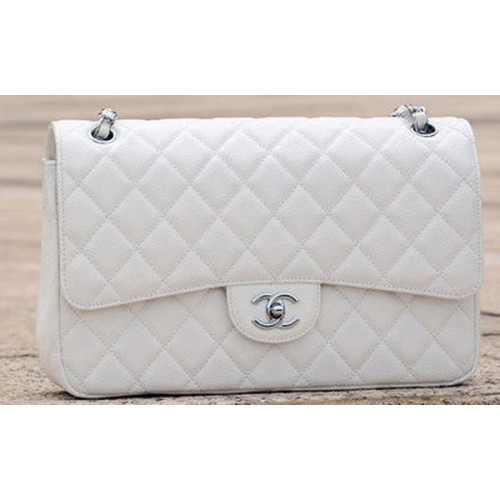 Чанта Chanel Jumbo Classic с капак и бял мотив Cannage A58600 Сребриста