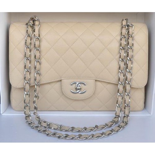 Чанта Chanel Jumbo с двойни капаци, кайсиев цвят, модел Cannage A36097, сребриста