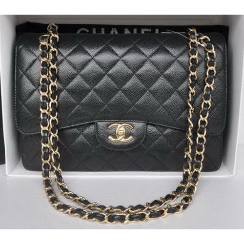 Чанта Chanel Jumbo с двойни капаци, черна, с шарка Cannage A36097, златиста