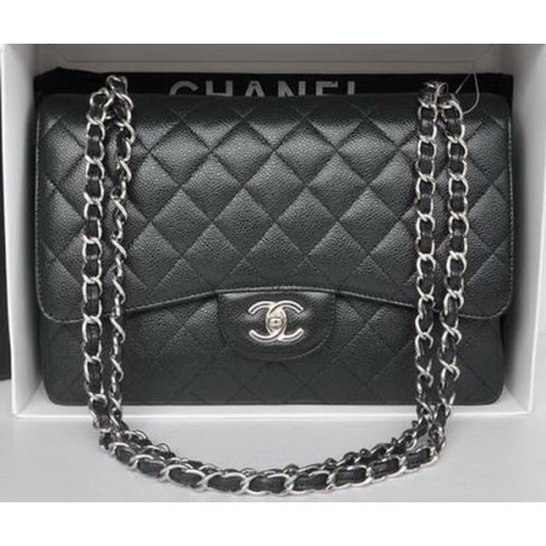 Чанта Chanel Jumbo с двойни капаци, черна, с шарка Cannage A36097, сребриста