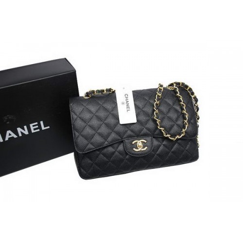 Чанта Chanel Jumbo с двойни капаци, черна, оригинална, от хайвер кожа A36097, златиста