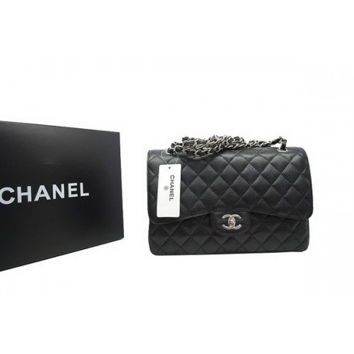 Чанта Chanel Jumbo с двойни капаци, черна, оригинална, от хайвер кожа A36097, сребриста