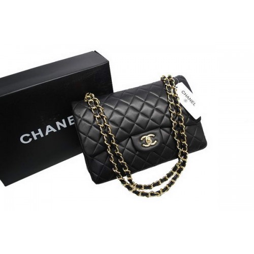 Чанта Chanel Jumbo с двойни капаци, черна, оригинална агнешка кожа A36097, златиста