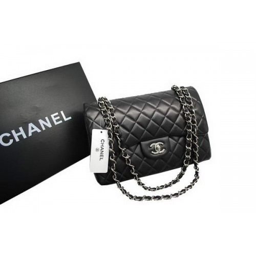 Чанта Chanel Jumbo с двойни капаци, черна, оригинална агнешка кожа A36097, сребриста
