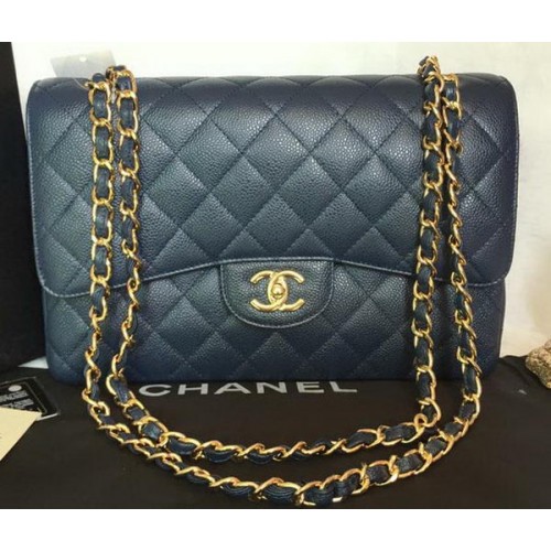 Чанта Chanel Jumbo с двойни капаци, синя, с шарка Cannage A36097, златна