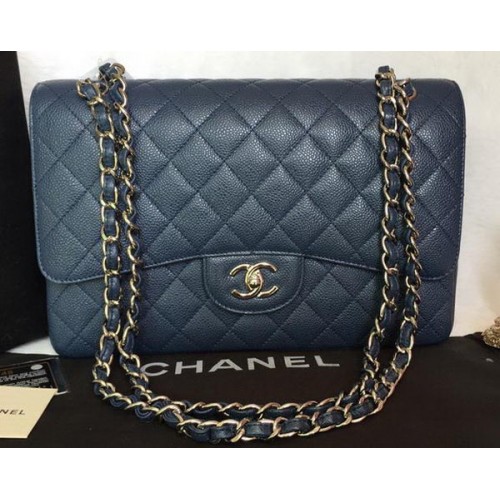 Чанта Chanel Jumbo с двойни капаци, синя, с шарка Cannage A36097, сребриста