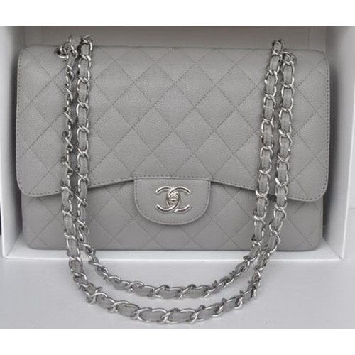Чанта Chanel Jumbo с двойни капаци, сива, с шарка Cannage A36097, сребриста