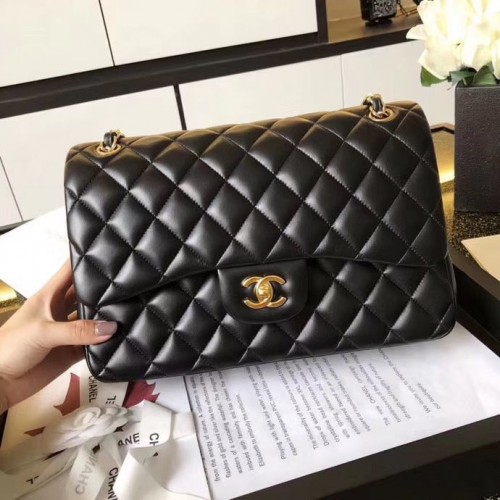 Чанти Chanel Jumbo с двоен капак, черни, оригинални, от овча кожа A36097, златни