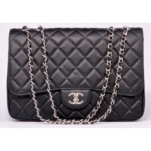 Чанта Chanel Jumbo Flap с черна каишка и шарка Cannage A28600, сребриста