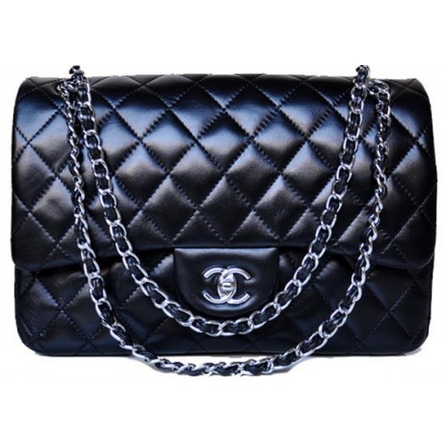 Чанта Chanel Jumbo Quilted Classic Black от овча кожа с капак A58600 Silver