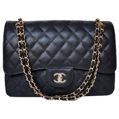 Чанта Chanel Jumbo Quilted Classic Flap, черна, с шарки Cannage, A58600, златиста