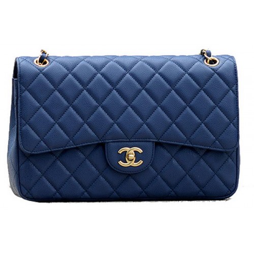 Чанта Chanel Jumbo Quilted Classic Flap, синя, с шарки Cannage, A58600, златна