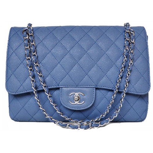 Чанта Chanel Jumbo Quilted Classic Flap, синя, с шарки Cannage, A58600, сребриста