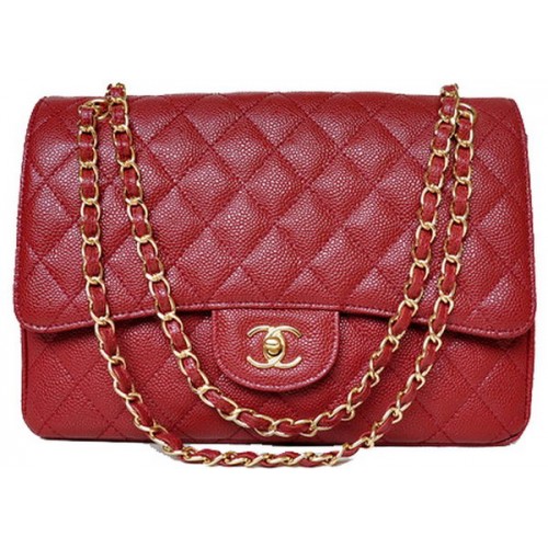 Чанта Chanel Jumbo Quilted Classic Flap, бордо, с шарки Cannage, A58600, златиста