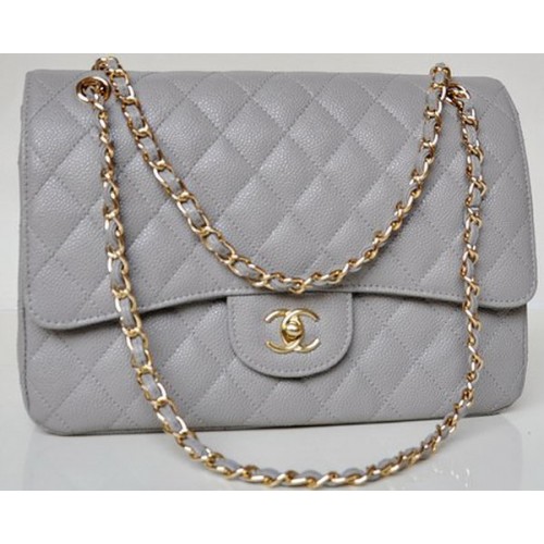 Чанта Chanel Jumbo Quilted Classic Flap, сива, с шарки Cannage, A58600, златиста