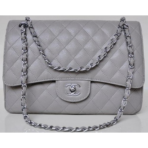 Чанта Chanel Jumbo Quilted Classic Flap, сива, с шарки Cannage, A58600, сребриста