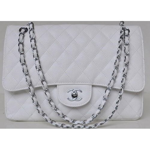 Чанта Chanel Jumbo Quilted Classic Flap, бяла, с шарки Cannage, A58600, сребриста