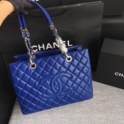 Голяма пазарска чанта Chanel LE Boy GST Blue Cannage Pattern A50995 Silver