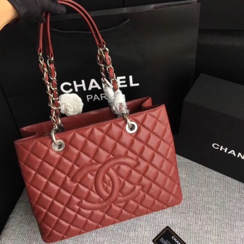 Голяма пазарска чанта Chanel LE Boy GST Wine Cannage Pattern A50995 Silver