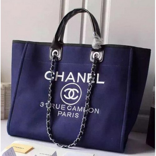Голяма платнена чанта за пазаруване Chanel A5002 синя