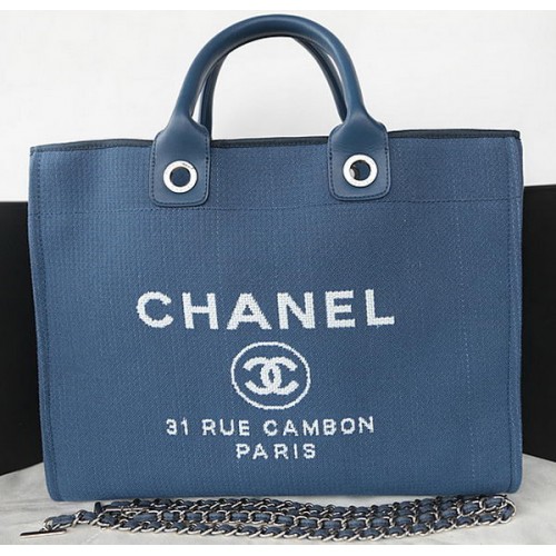 Голяма платнена чанта за пазаруване Chanel A67002 синя