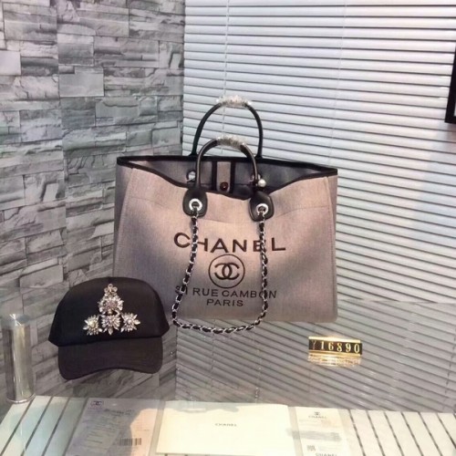 Голяма платнена чанта за пазаруване Chanel CNA1679 сива