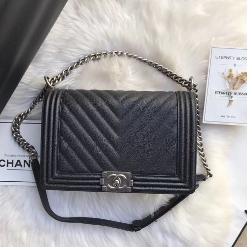 Чанта през рамо Chanel Leboy Original Caviar от кожа, черна, сребриста A67087