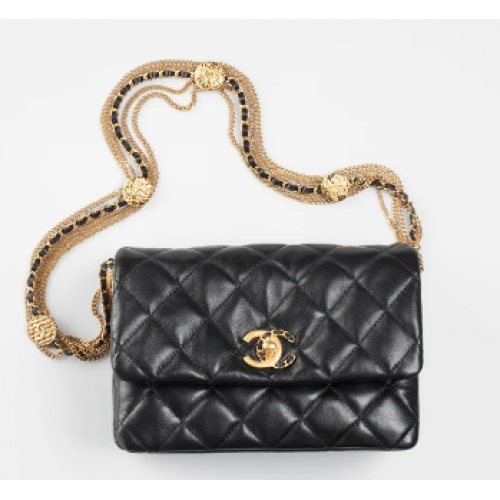 Chanel MINI FLAP BAG от агнешка кожа, златист метал AS3378, черна