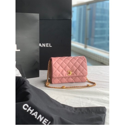 Chanel MINI FLAP BAG от агнешка кожа, златист метал AS3378, розов