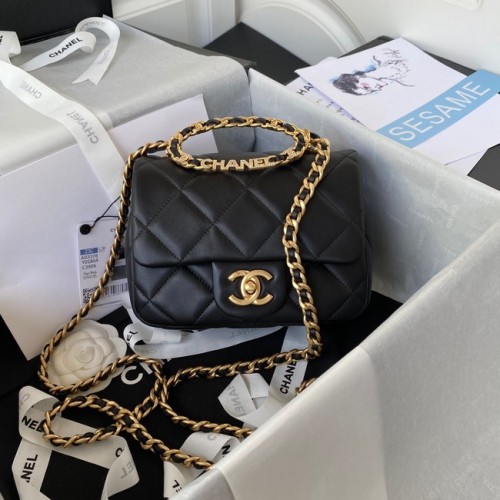 Chanel MINI FLAP BAG от агнешка кожа, златист метал AS3450, черна