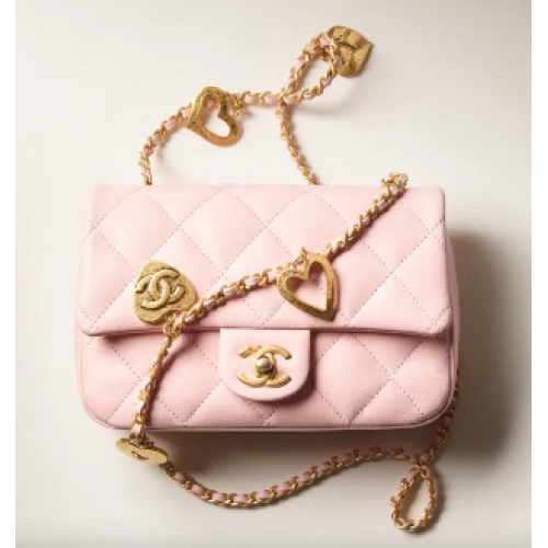 Chanel MINI FLAP BAG от агнешка кожа, златист метал AS3457, розов