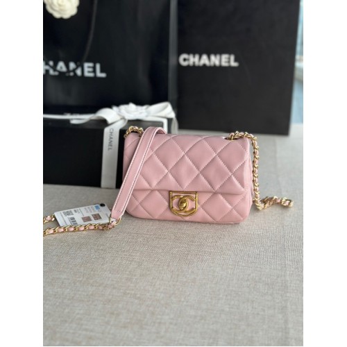 Chanel MINI FLAP BAG от агнешка кожа, златист метал AS3473, розов