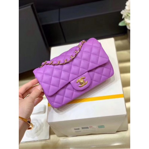 Чанта Chanel MINI Flap, оригинална, от овча кожа, 1116, метал, лавандулово златист цвят